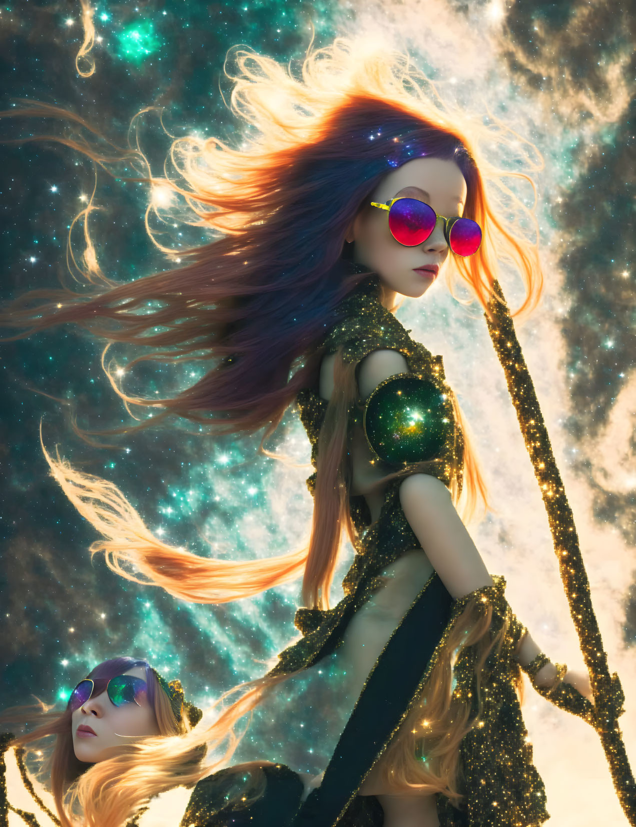 Colorful Hair Figures in Cosmic Outfits Against Starry Background