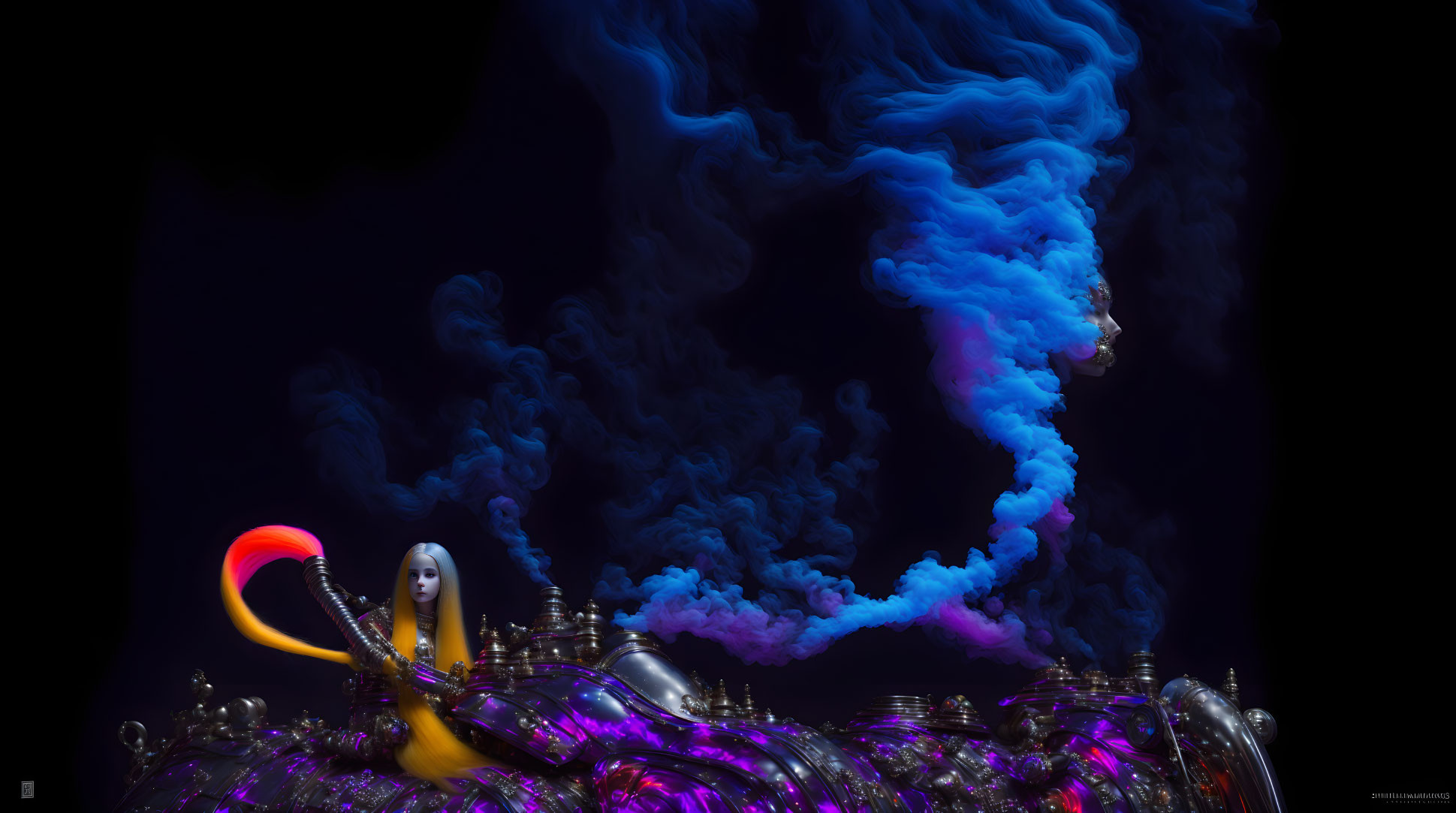 Surreal artwork: Female figure in metallic structure emitting blue smoke