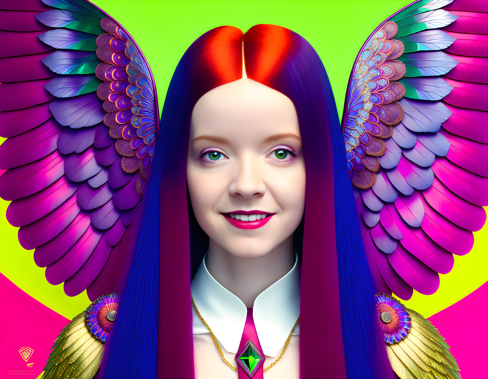 Colorful digital artwork: Woman with rainbow hair and wings on neon background