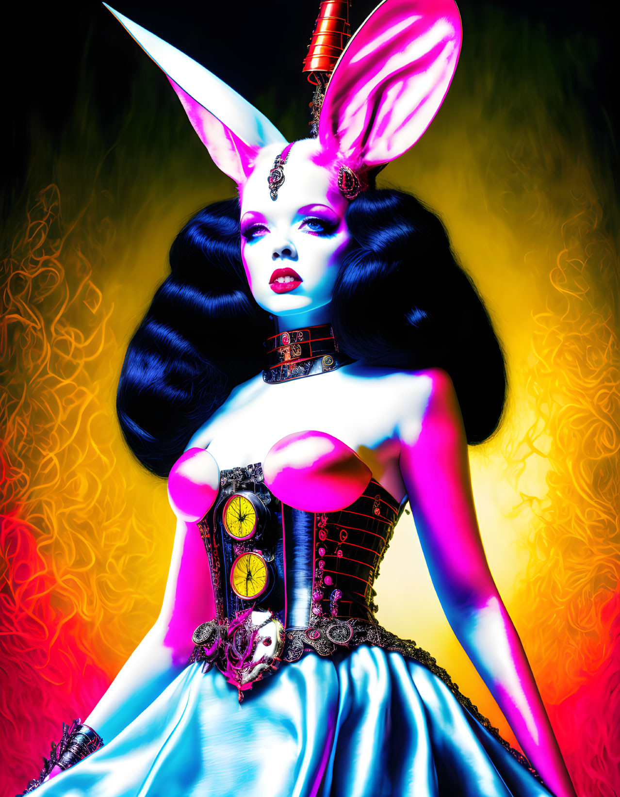 Fantasy-themed portrait with rabbit ears and fiery background.