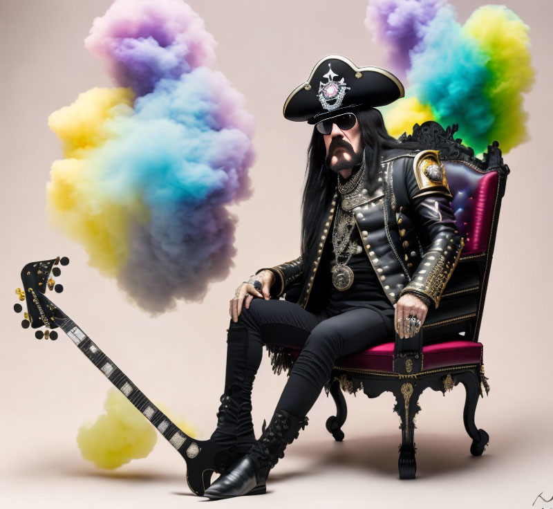 Pirate-themed person with guitar in ornate chair amid colorful smoke clouds
