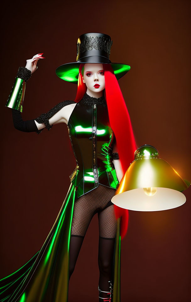 Stylized woman in green outfit with oversized lampshade casting red glow