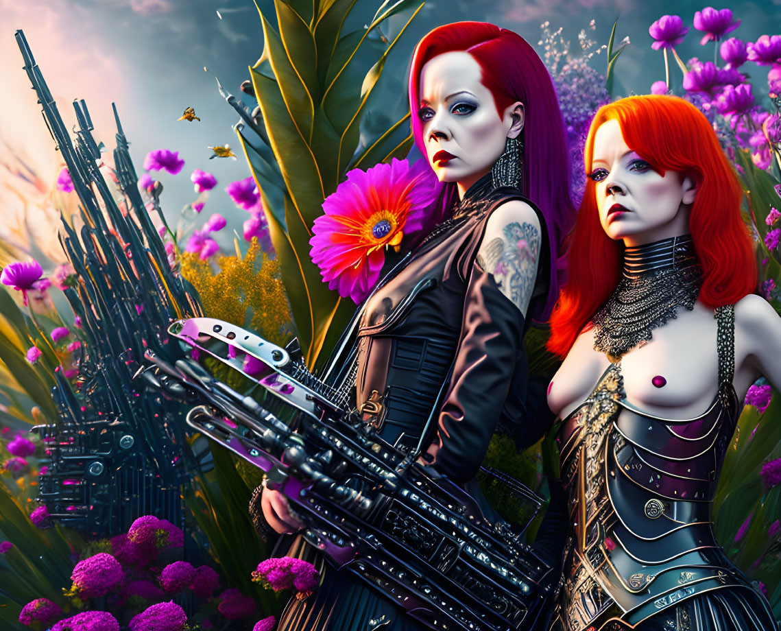 Two Red-Haired Women with Cybernetic Enhancements in a Futuristic Setting