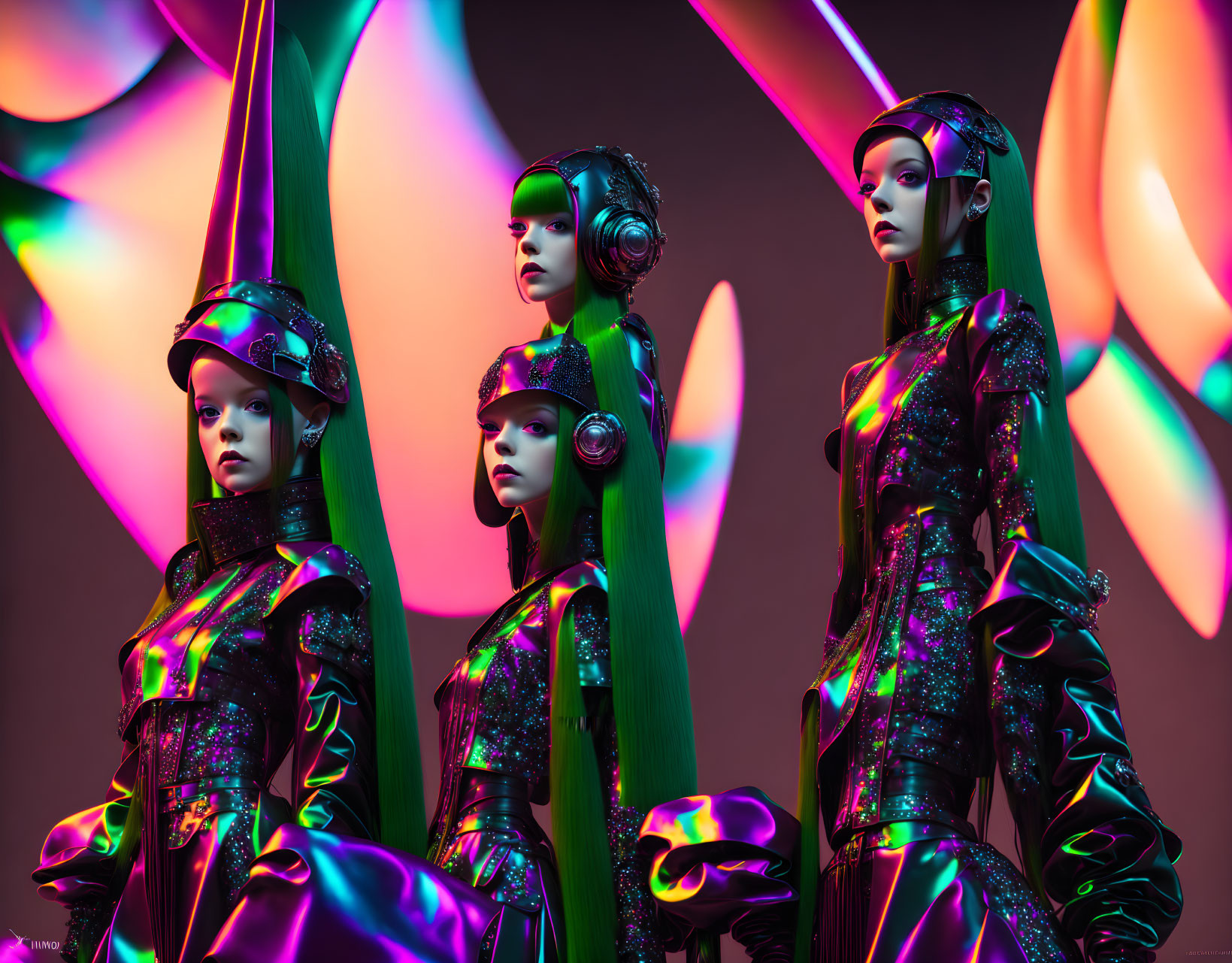 Four futuristic female mannequins in green and purple attire against abstract light shapes.
