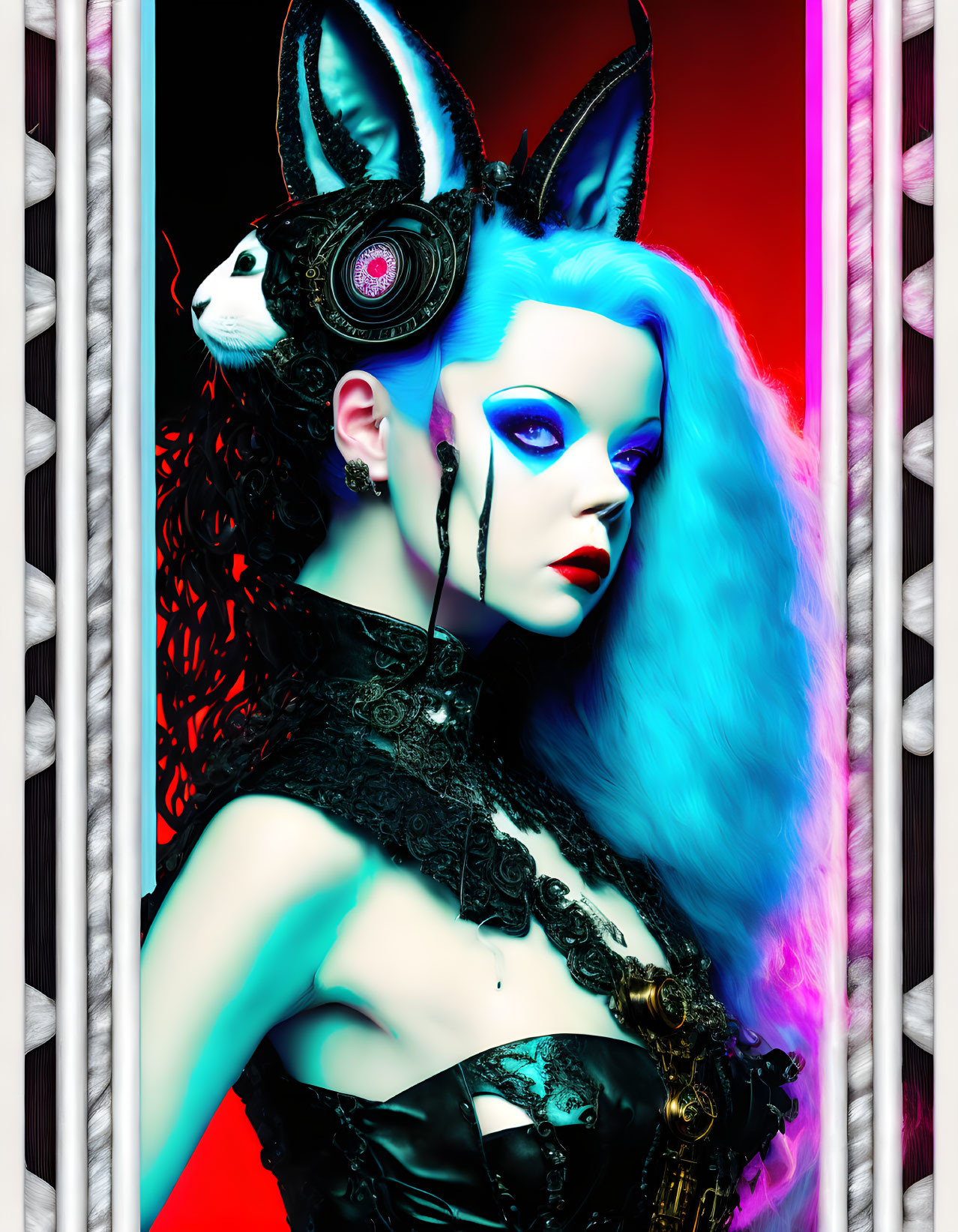 Colorful artwork: Blue-haired figure and mechanical rabbit on red and black background