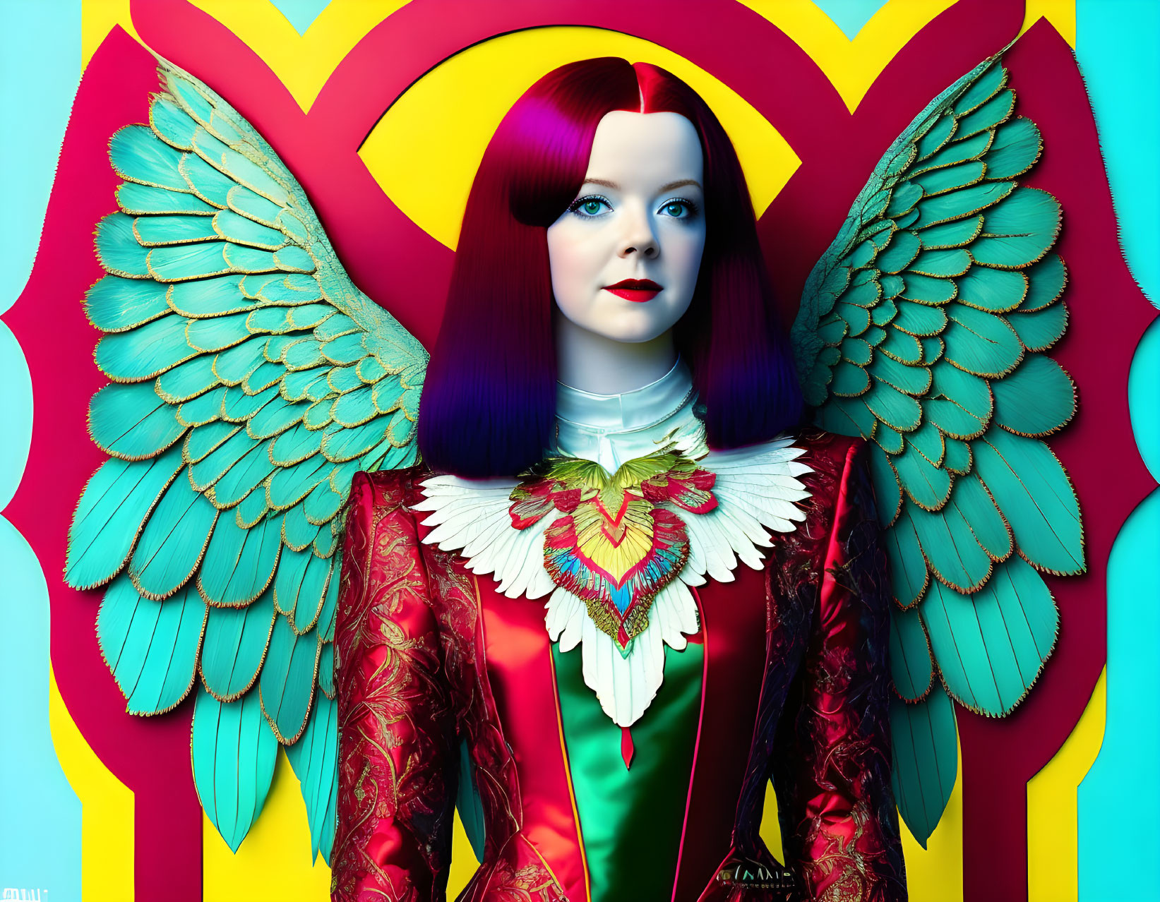 Vibrant female figure with teal wings in colorful artwork