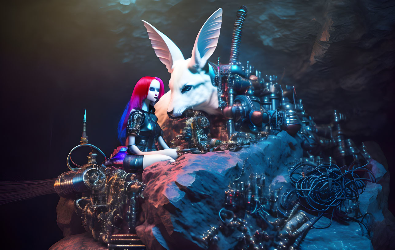 Colorful Cyberpunk Woman with Mechanical Fennec Fox in Cave