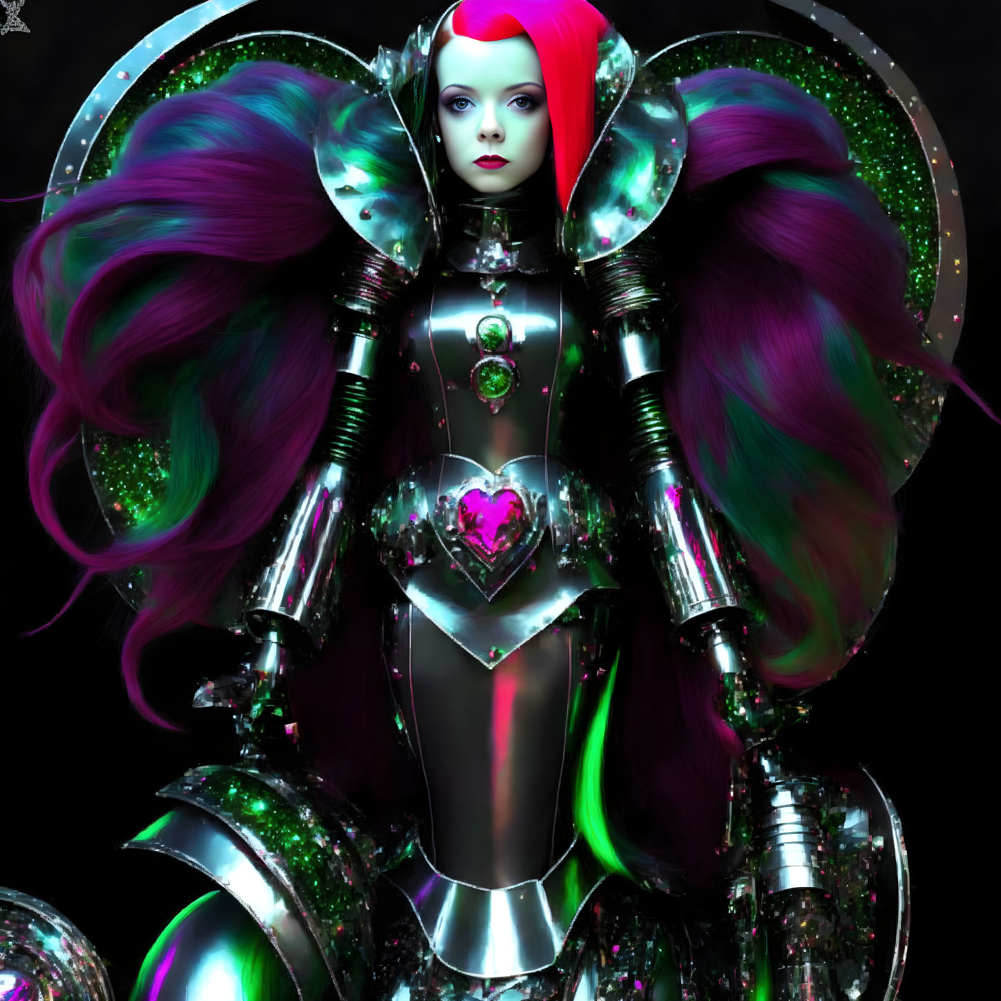 Futuristic female robot with purple hair and heart design on iridescent armor