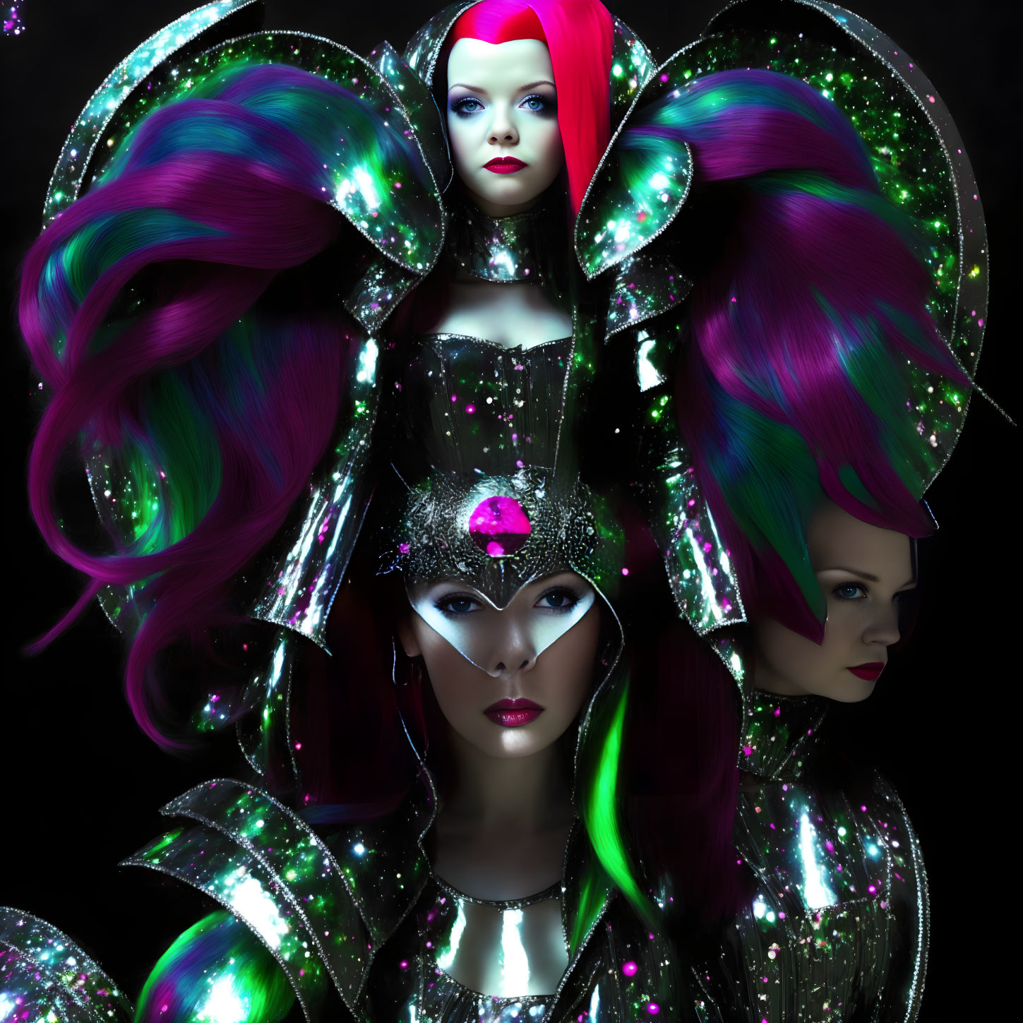 Three women in iridescent costumes and vibrant hair on dark background