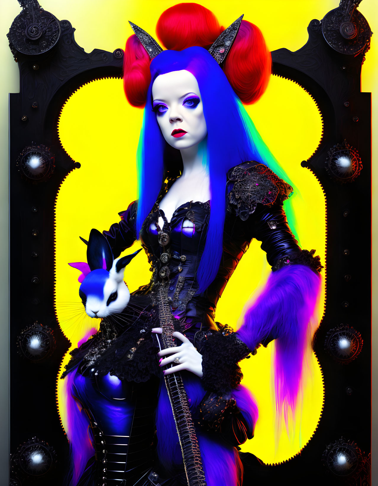 Digital artwork: Female character with blue skin, multicolored hair, gothic dress, holding a