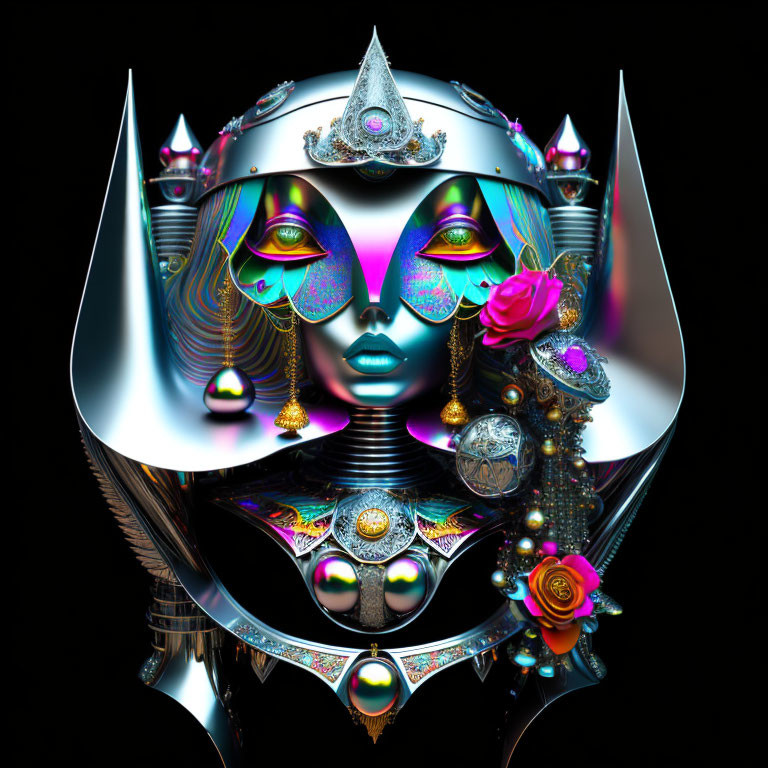 Colorful surreal portrait of a stylized female figure with metallic accessories and florals.