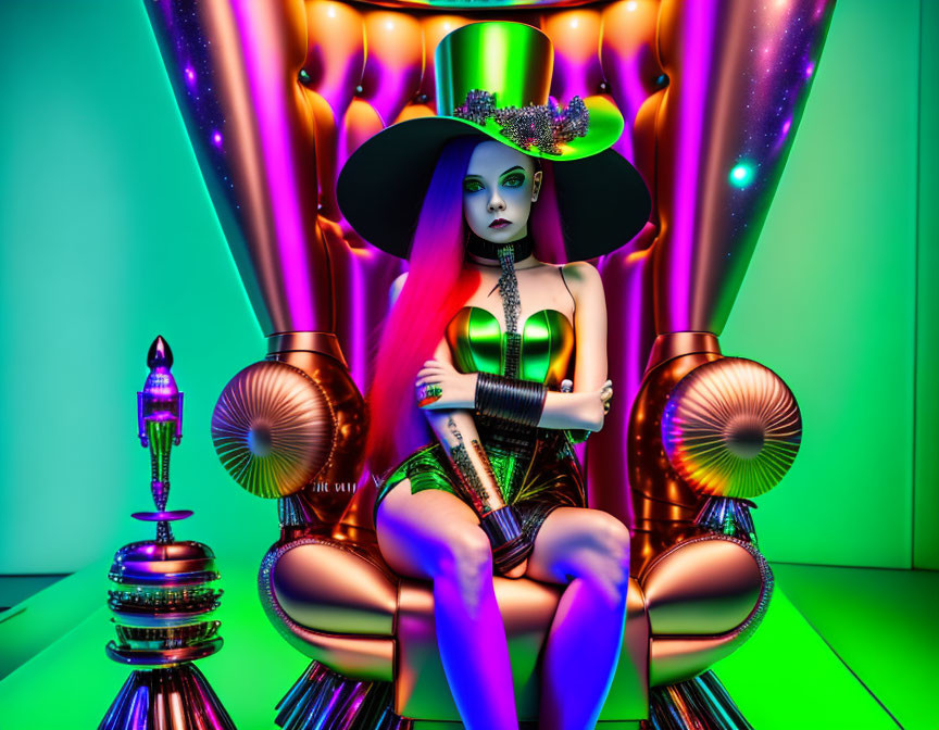 Vibrant purple hair person in gothic makeup on neon-lit throne