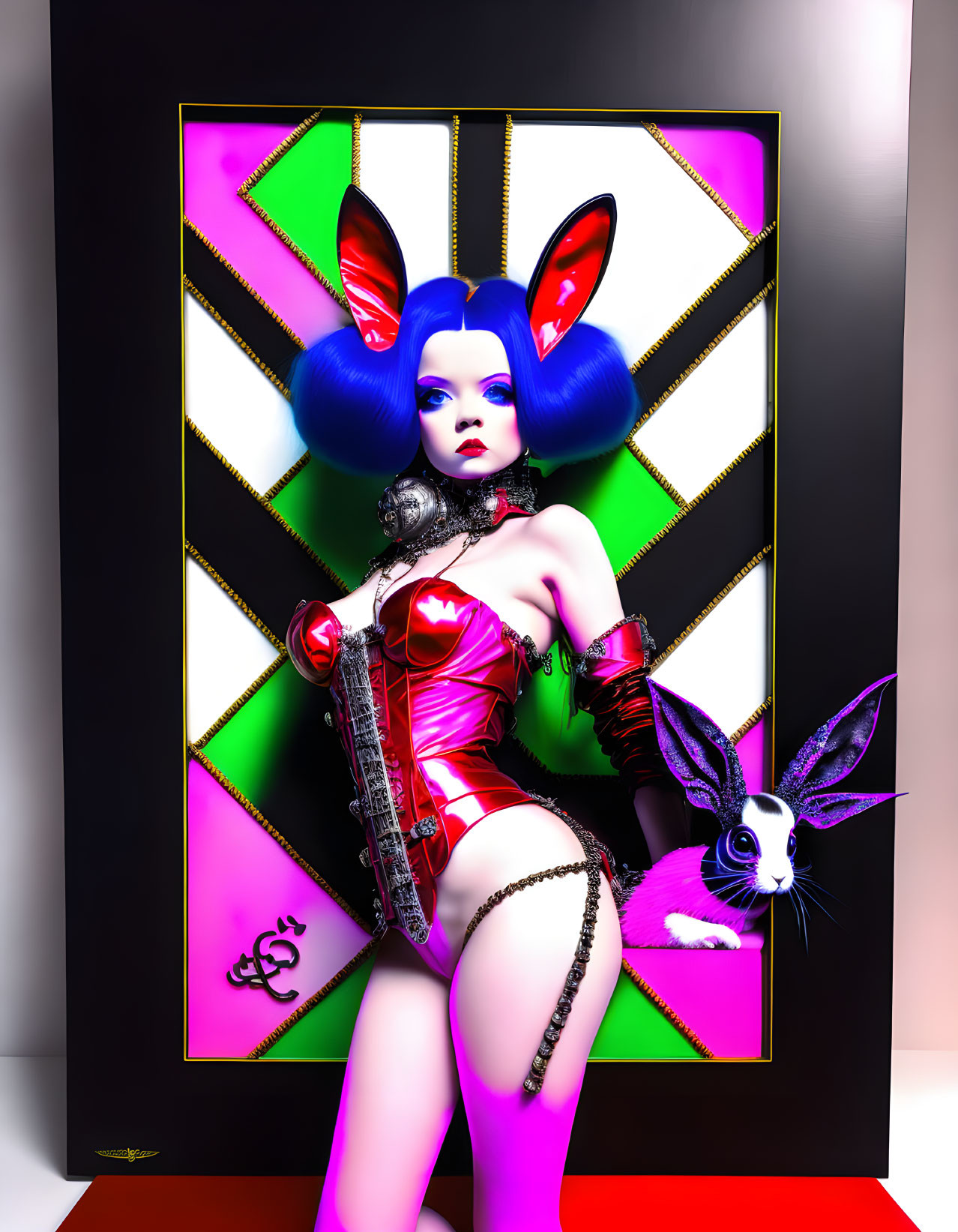 Futuristic bunny woman with blue wig and rabbit companion