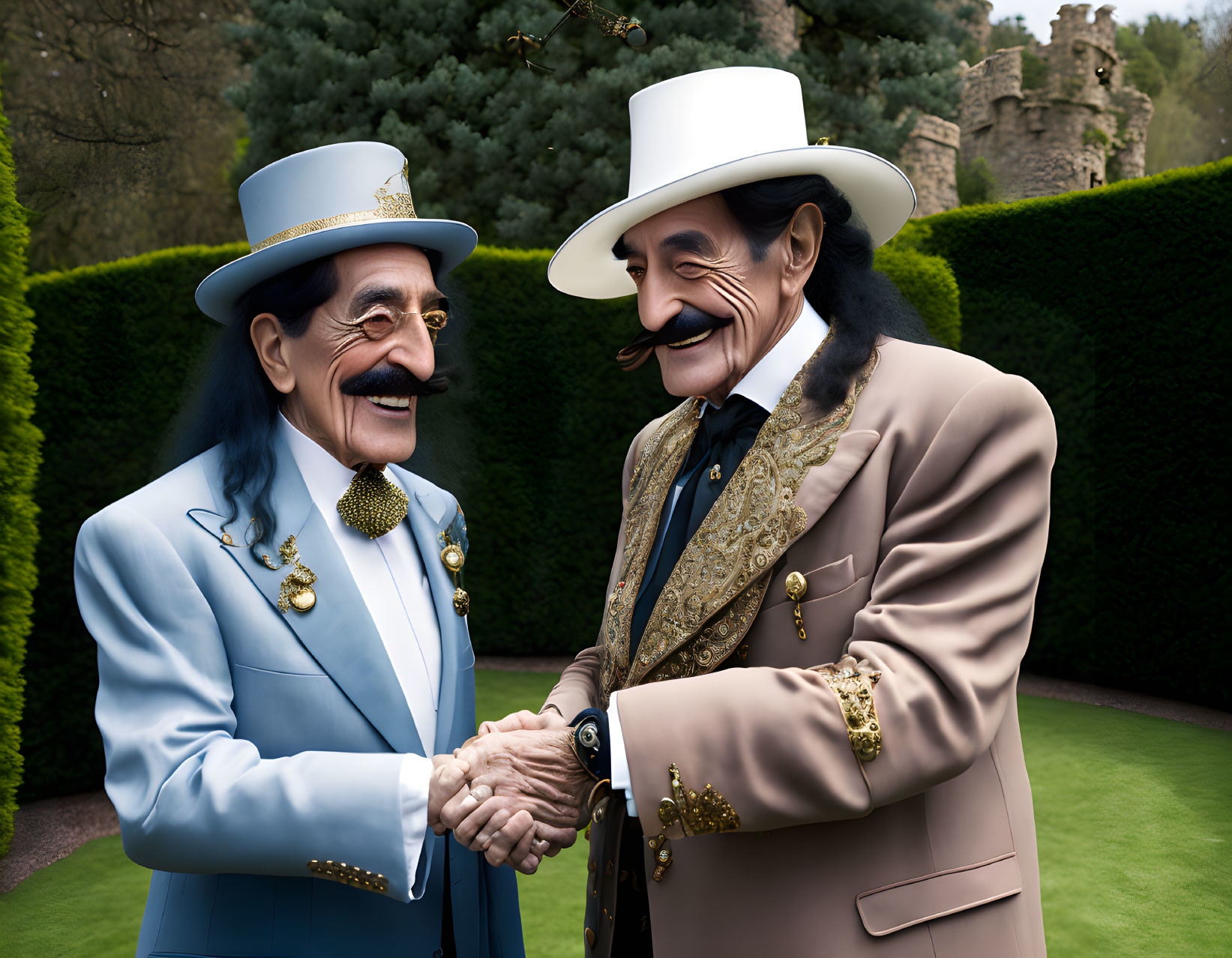 Exaggerated facial features on animated gentlemen in vintage suits and top hats shaking hands outdoors with castle backdrop