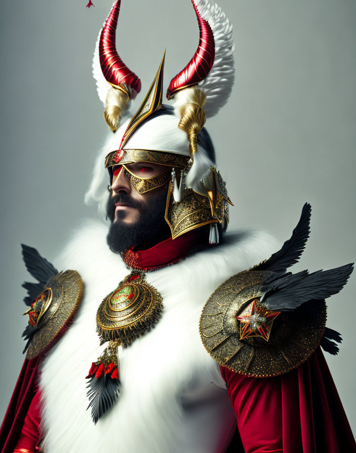 Regal man in ornate gold and red helmet with fur-trimmed cloak