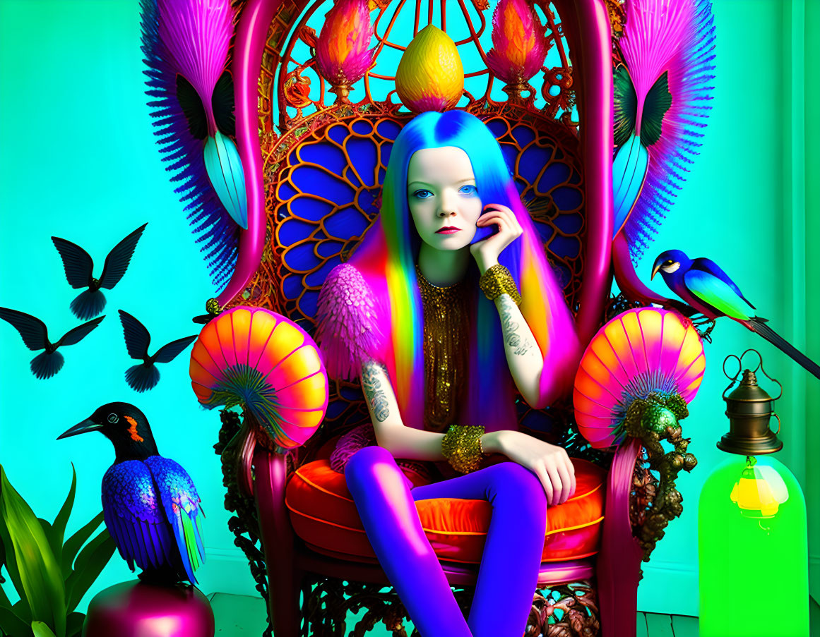 Vibrant surreal portrait: woman with blue skin on ornate chair