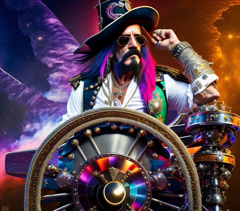 Pirate captain with beard and sunglasses steering ship's wheel under vibrant sky.