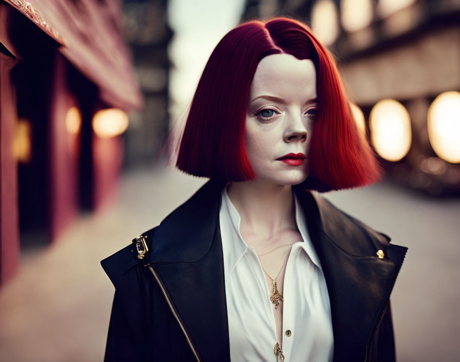 Red-haired woman in black jacket and gold necklace on street at dusk