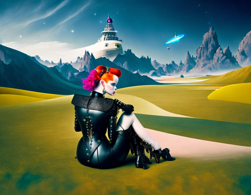 Stylish woman in avant-garde attire on colorful alien landscape