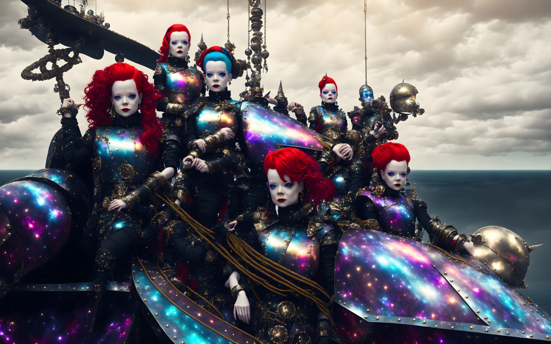 Stylized female figures in cosmic-themed armor against stormy sky