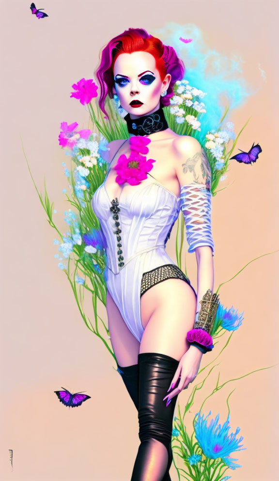 Red-haired woman in corset and boots surrounded by wildflowers and butterflies