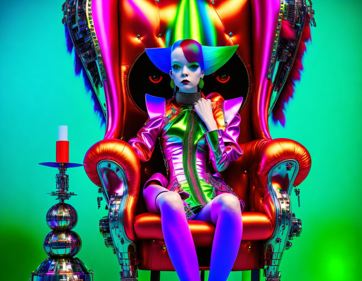Futuristic female figure on red throne with green background