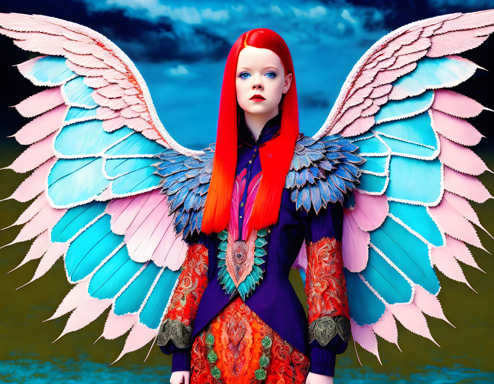 Colorful character with large wings and red hair in ornate outfit against stormy sky.