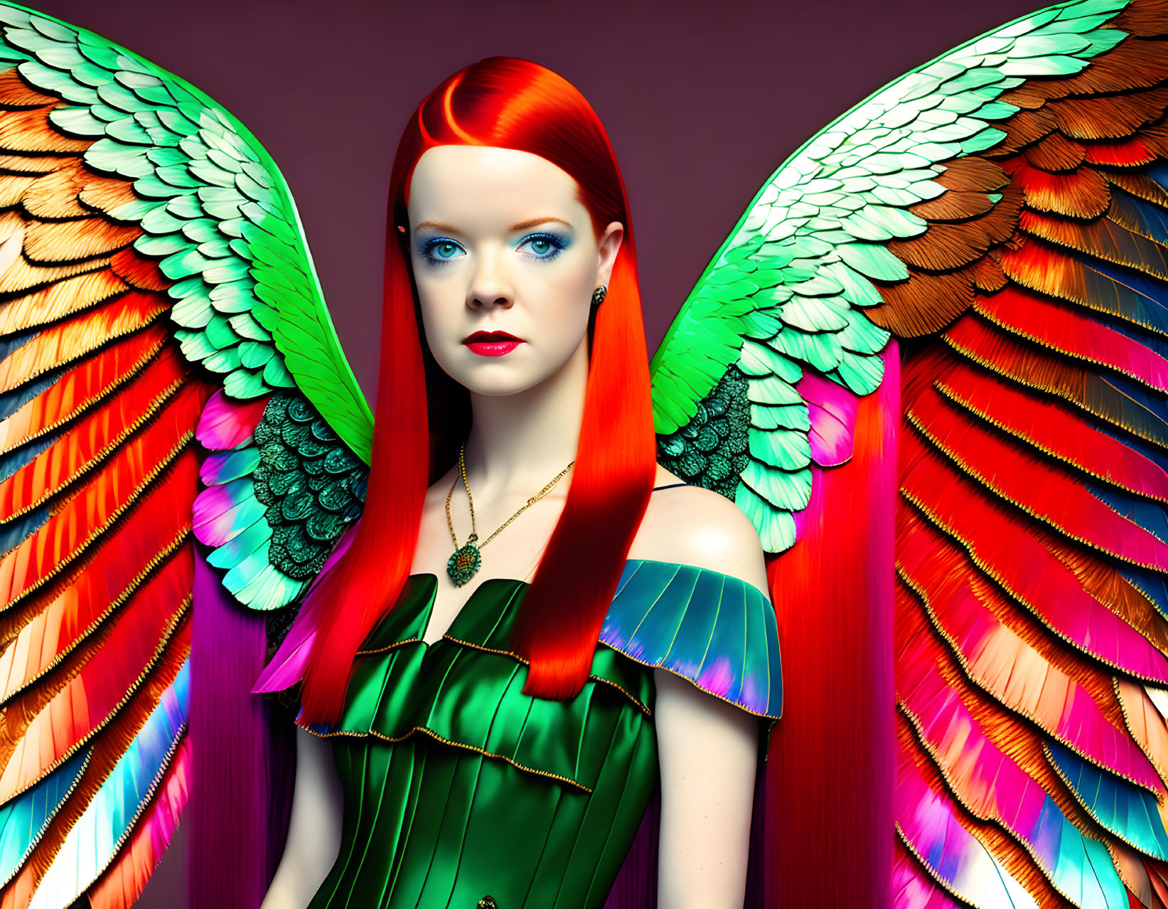 Digital Artwork: Woman with Red Hair and Blue Eyes, Colorful Angel Wings, Purple Background