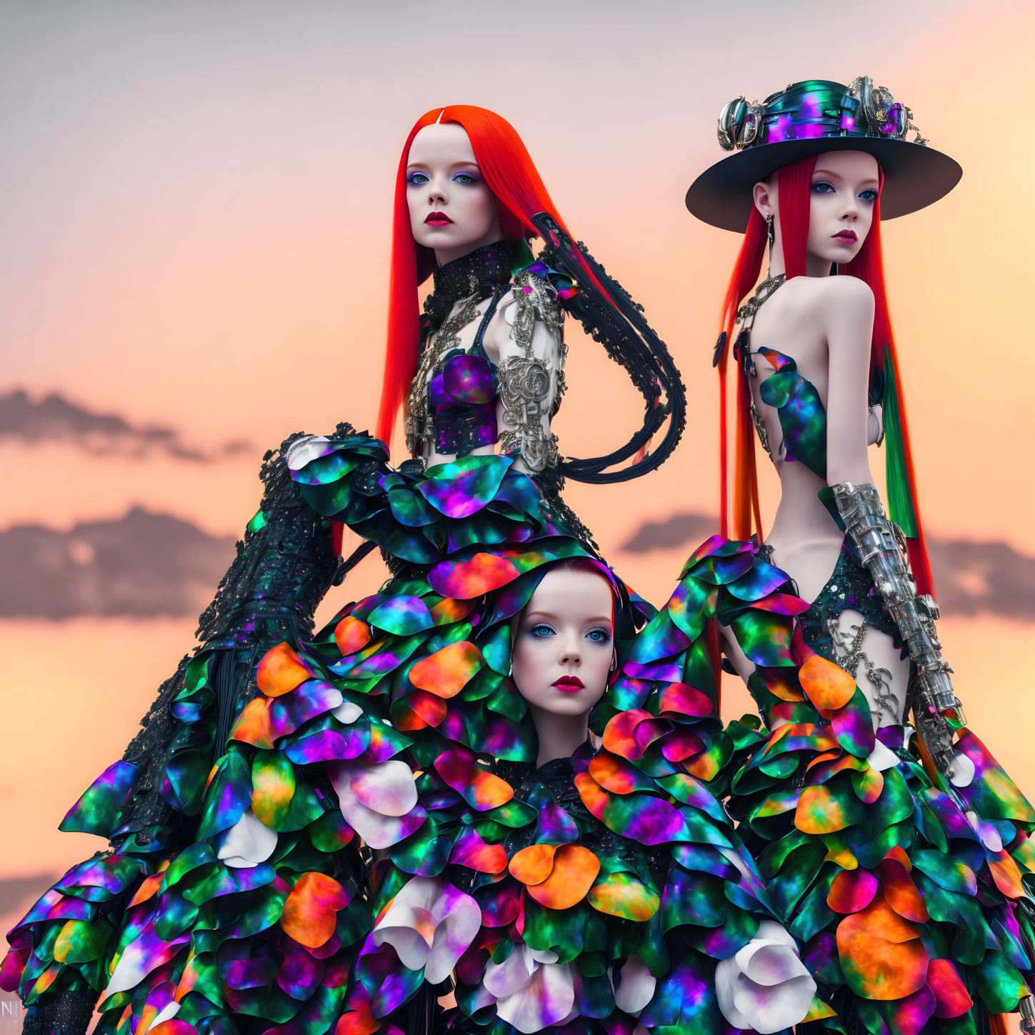 Mannequins in Elaborate Flower Petal Costumes on Pastel Sky