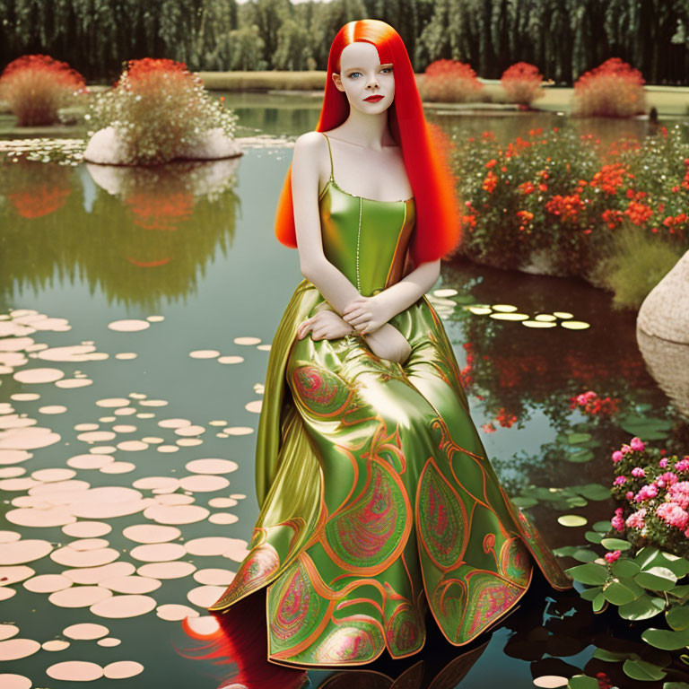 Red-haired woman in green paisley gown by pond with lily pads