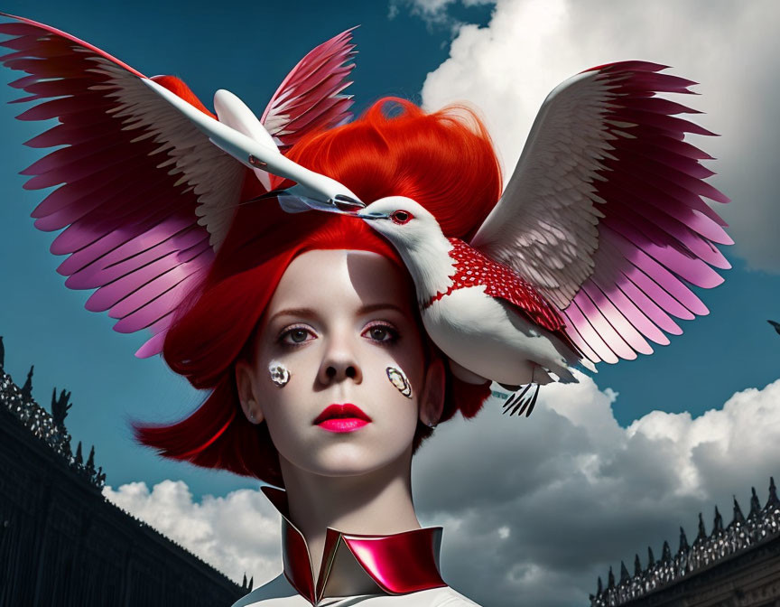 Vibrant red-haired woman with colorful bird on head