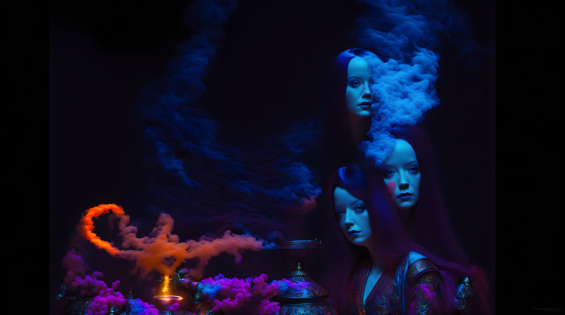 Three women in vibrant smoke with intricate attire patterns on dark background