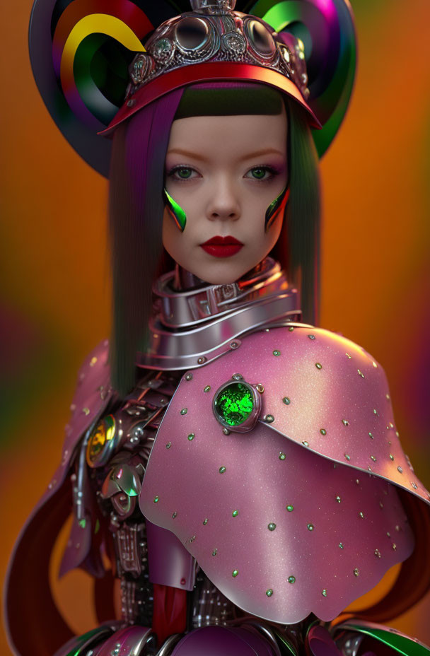 Futuristic digital artwork of a woman in neon armor with green eyes