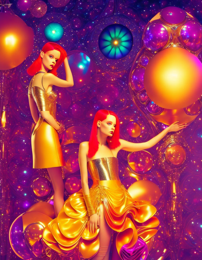 Stylized women with red hair in golden dresses among vibrant spheres and glowing patterns