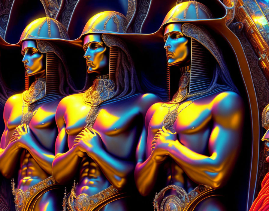 Stylized digital art of three muscular figures in ancient helmets