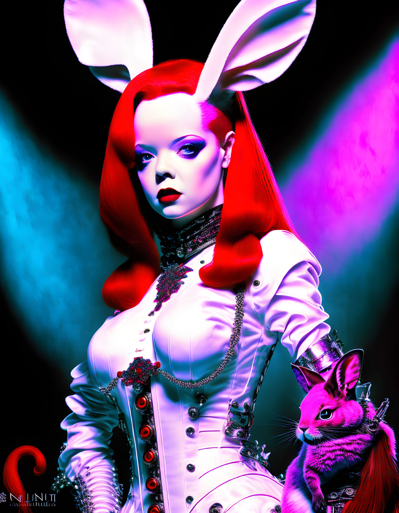 Portrait of woman with rabbit ears, red hair, gothic attire, and cat in neon setting