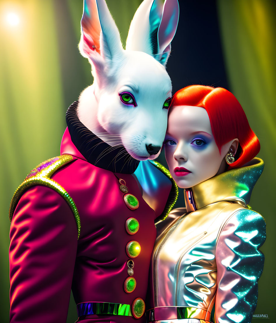 Surreal 3D humanoid rabbit embracing woman in metallic bodysuit