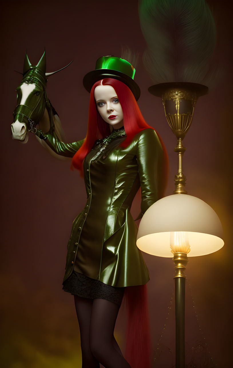 Stylized image of a red-haired woman in green outfit with horse mask and lamp