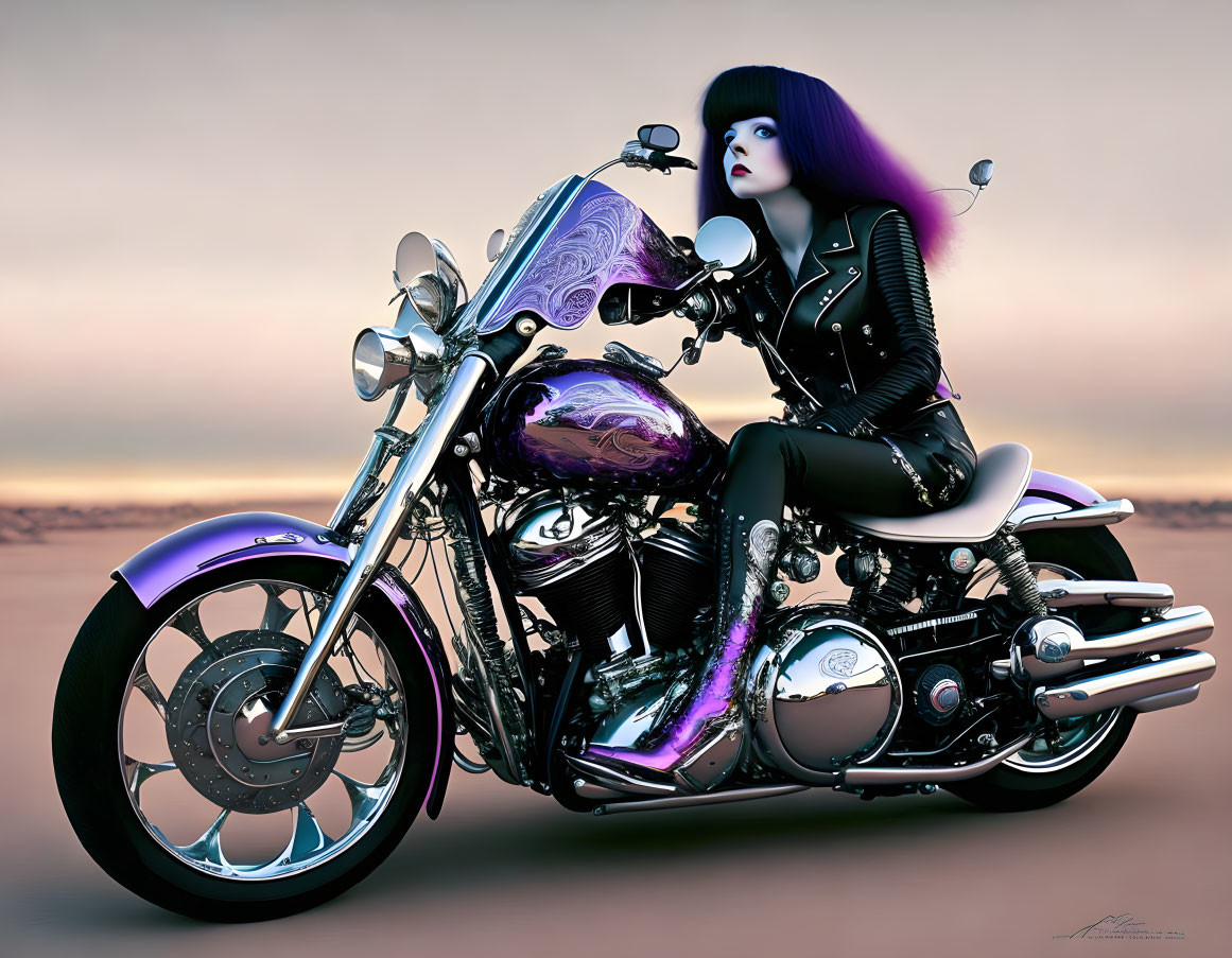 Purple-haired woman on custom motorcycle against soft sky backdrop