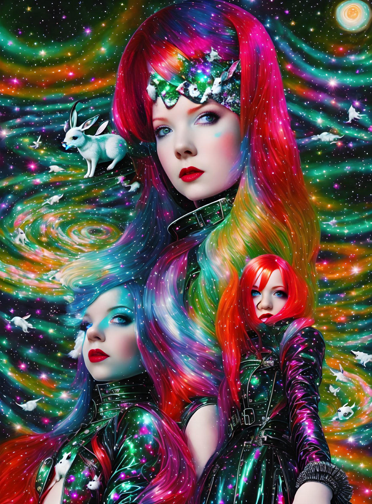 Colorful Futuristic Women with Rainbow Hair in Cosmic Setting