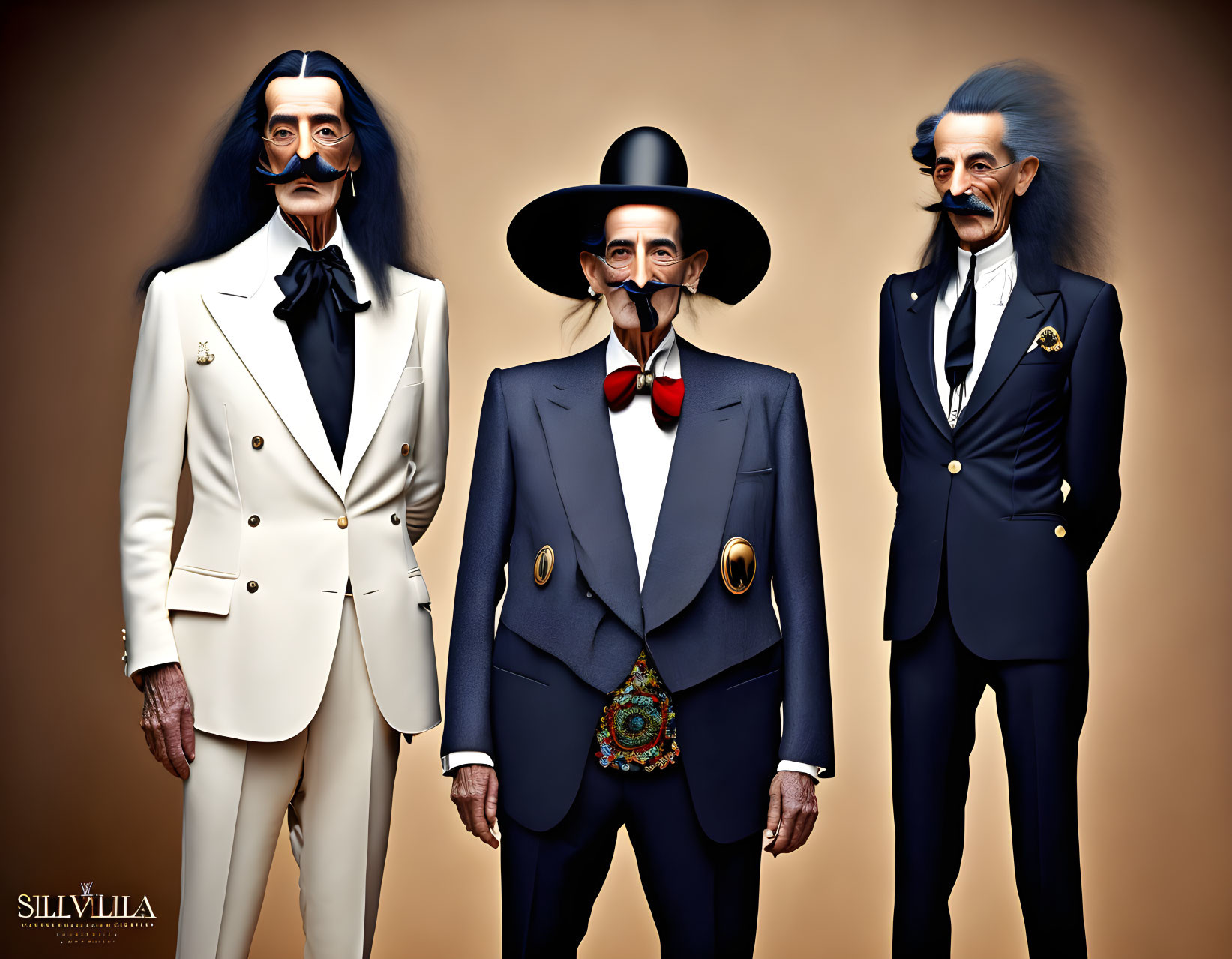 Stylized male figures in elegant suits on tan background