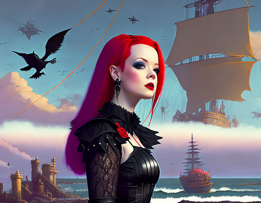 Stylized portrait of woman with red hair in gothic attire against fantastical seascape