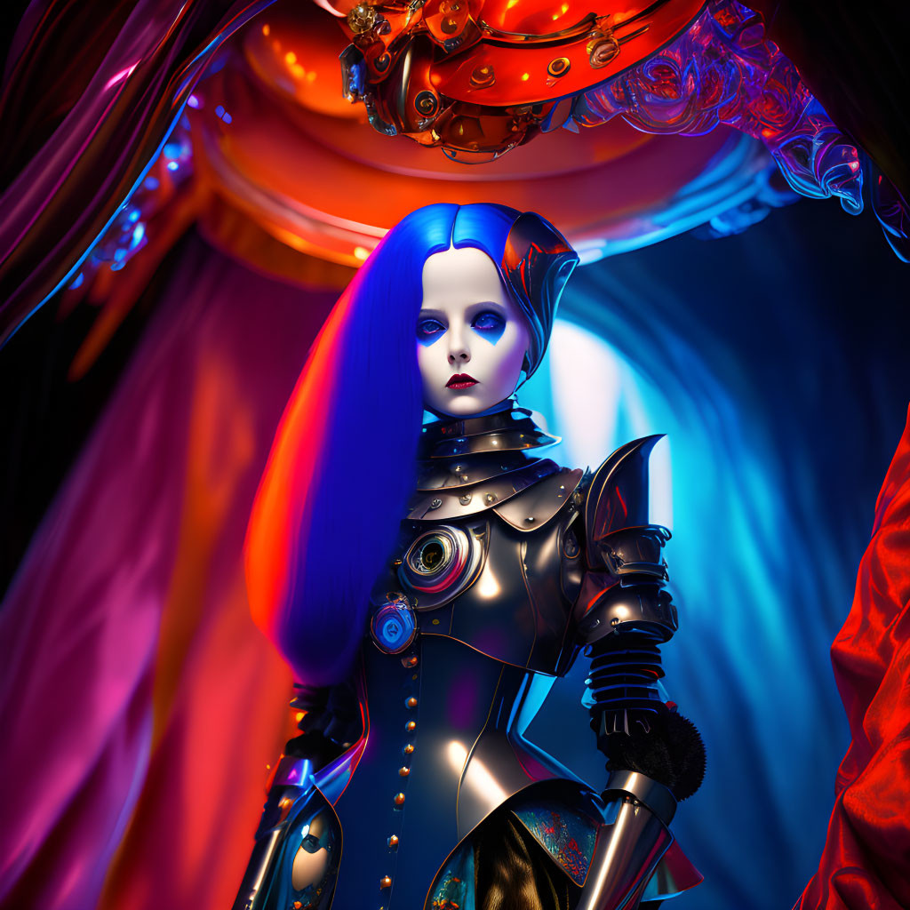 Futuristic female robot with blue hair in metallic armor under red and blue lighting.