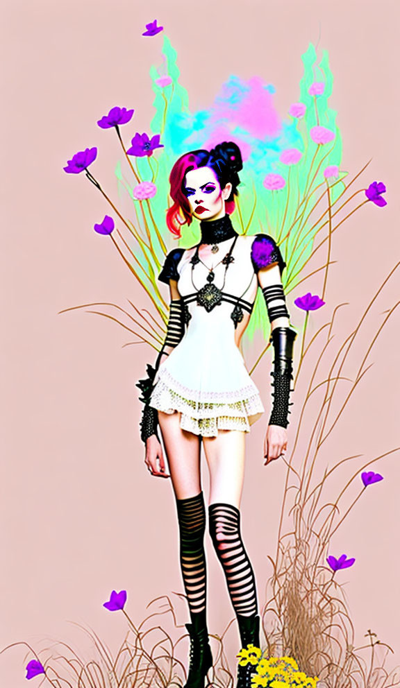 Colorful Hair & Gothic Makeup on Female Figure in Modern Dress with Purple Flowers & Green Foliage