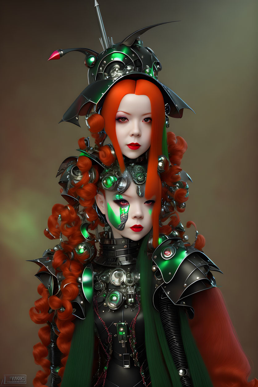 Futuristic digital art: Two female figures in armor with green glowing elements