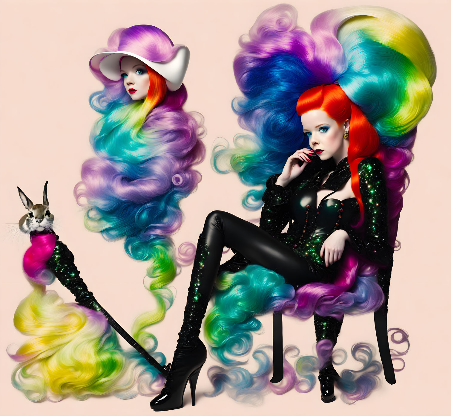 Stylized illustrations: Women with vibrant, multicolored hair next to a rabbit