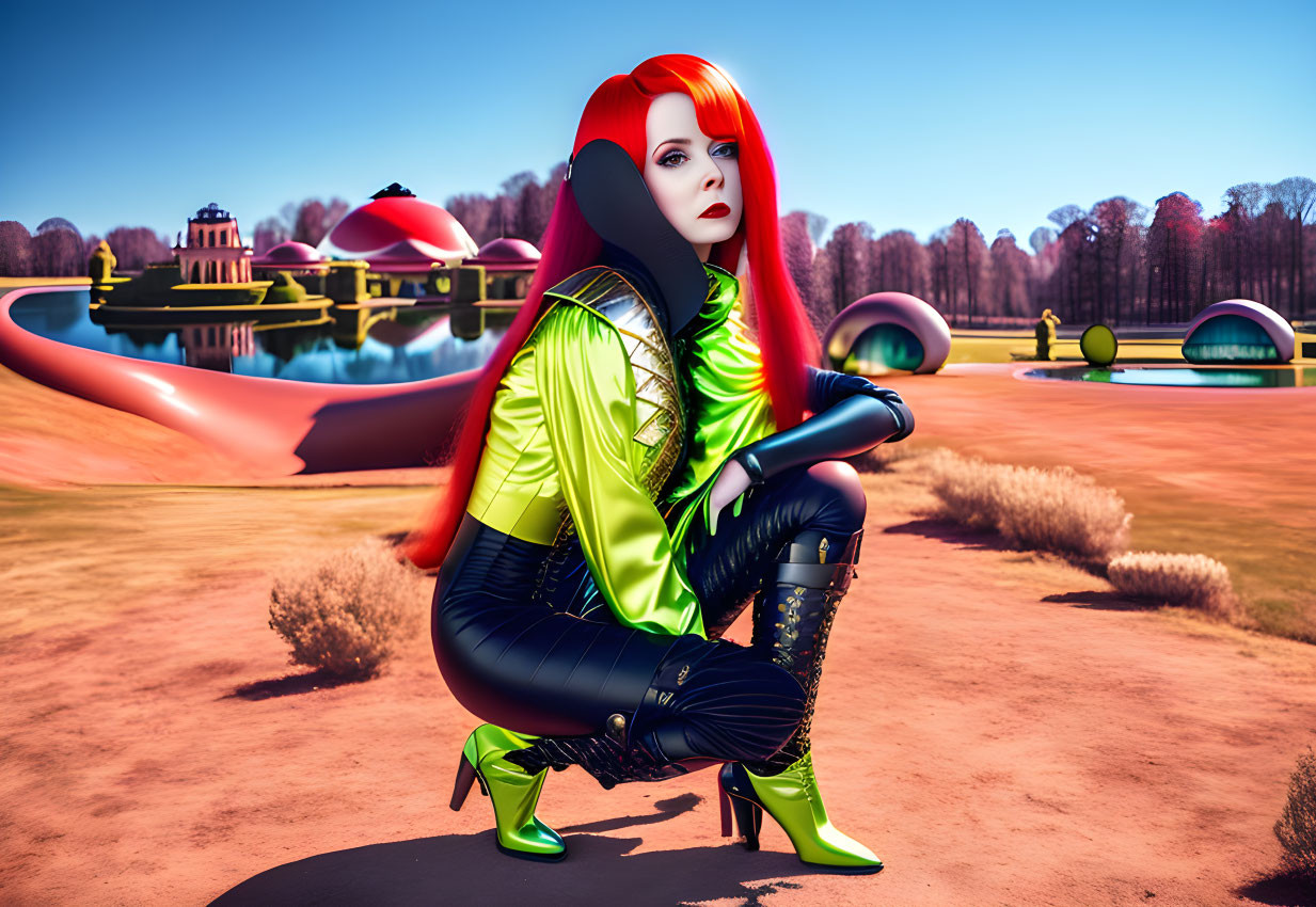 Vibrant digital art: Woman with red hair in futuristic landscape