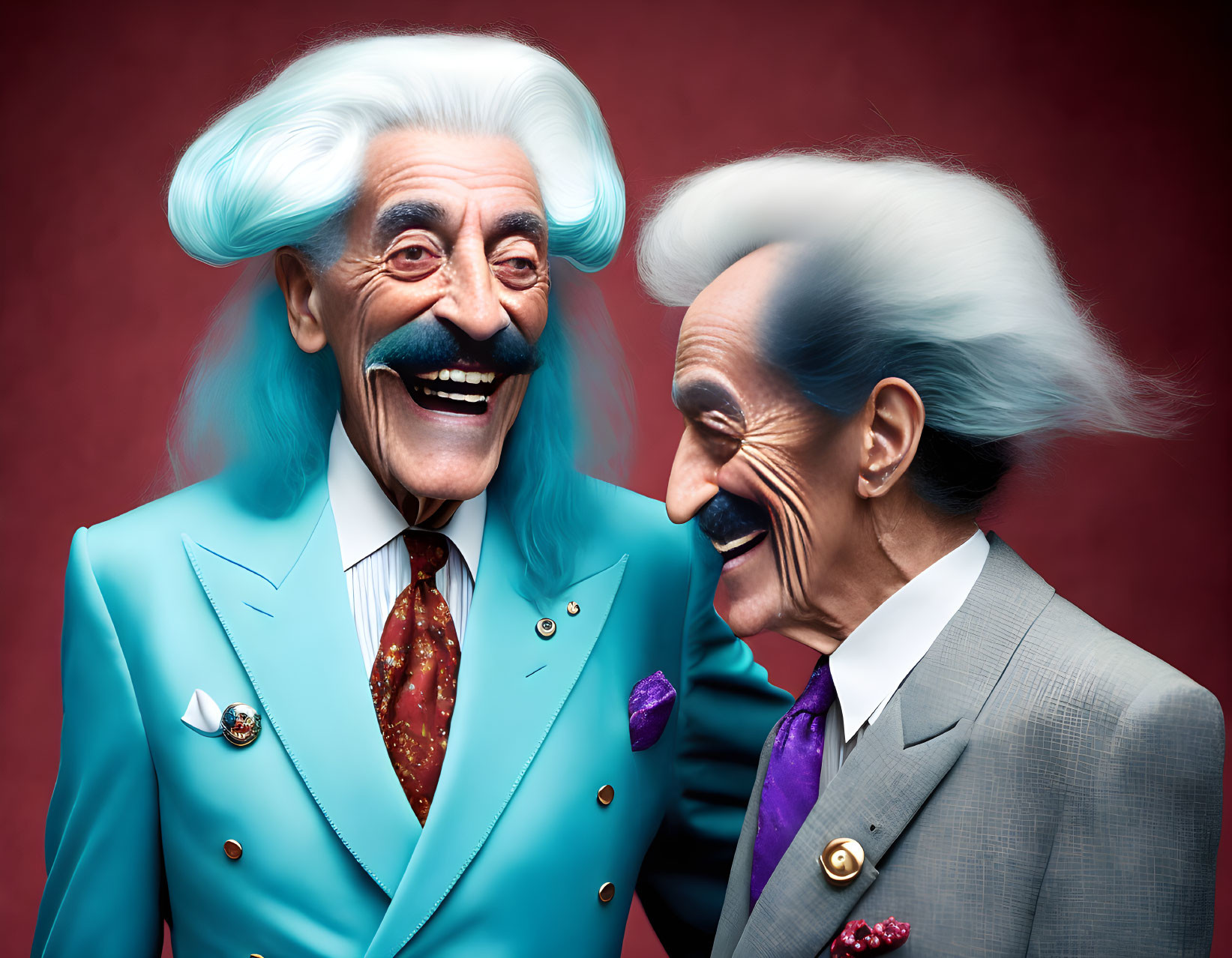 Exaggerated Smiles: Stylish Men with Turquoise Hair in Blue and Grey Suits