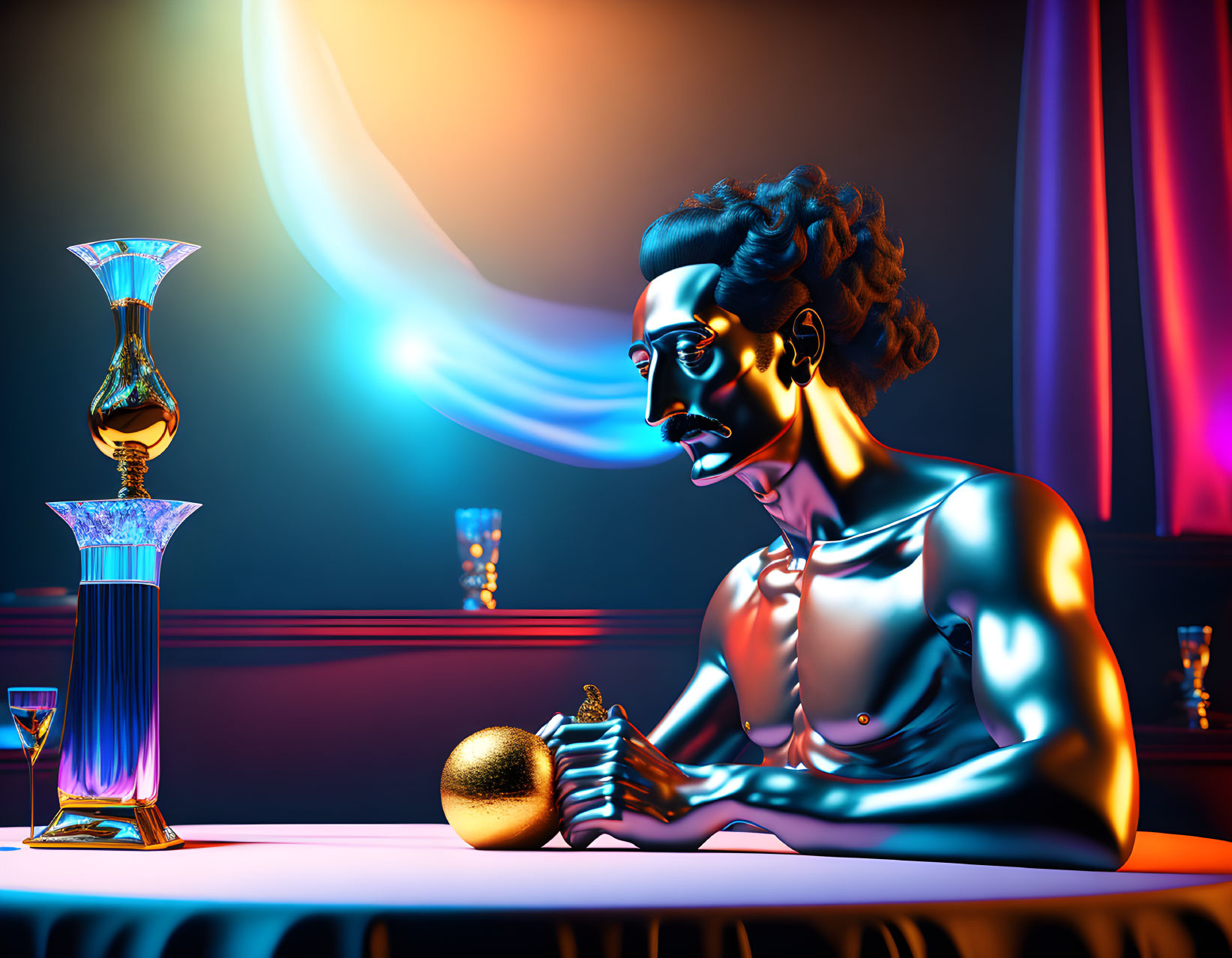 Vibrant humanoid figure with orb at table under moon-like glow