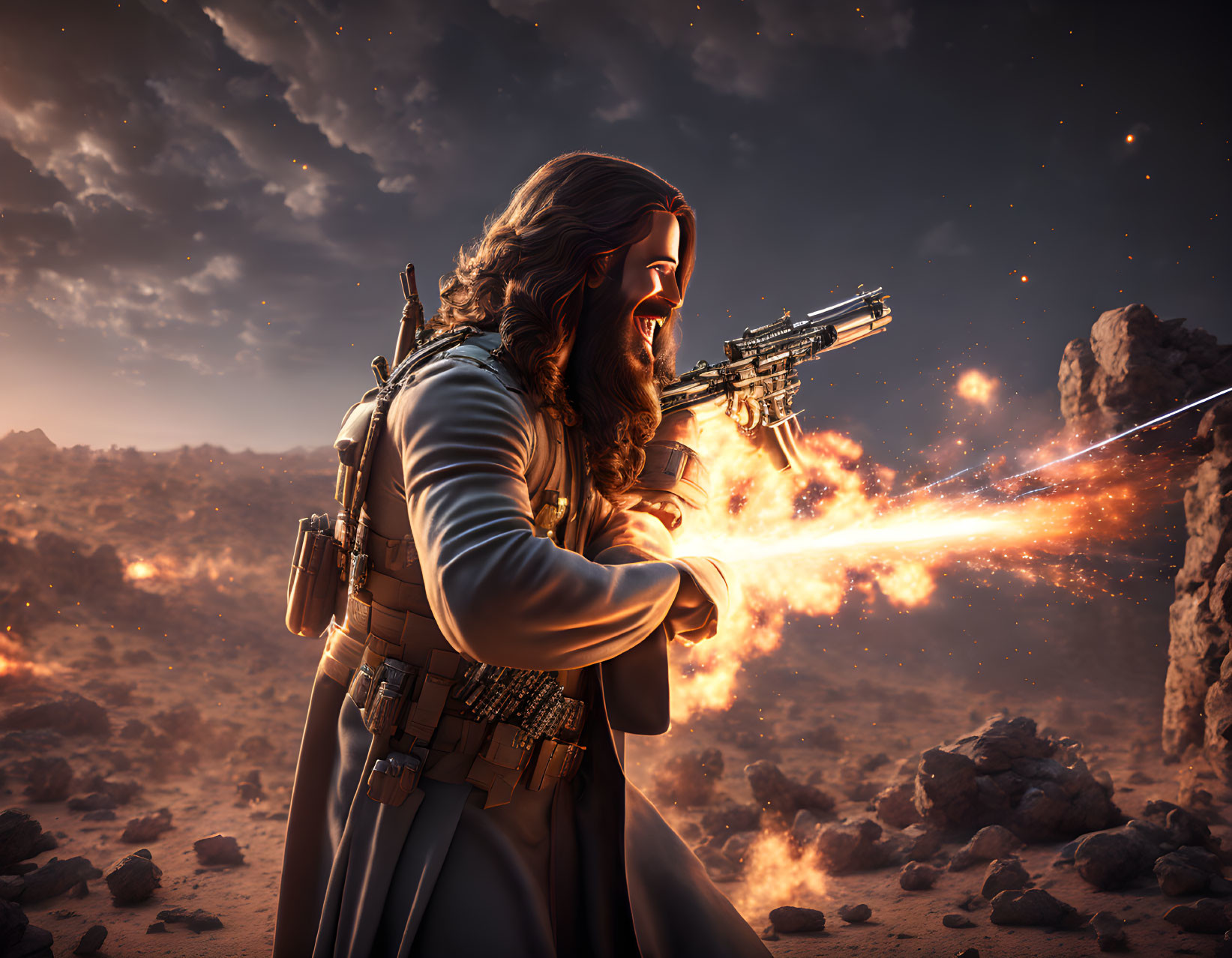 Animated warrior with long hair and beard fires futuristic blaster in fiery battlefield